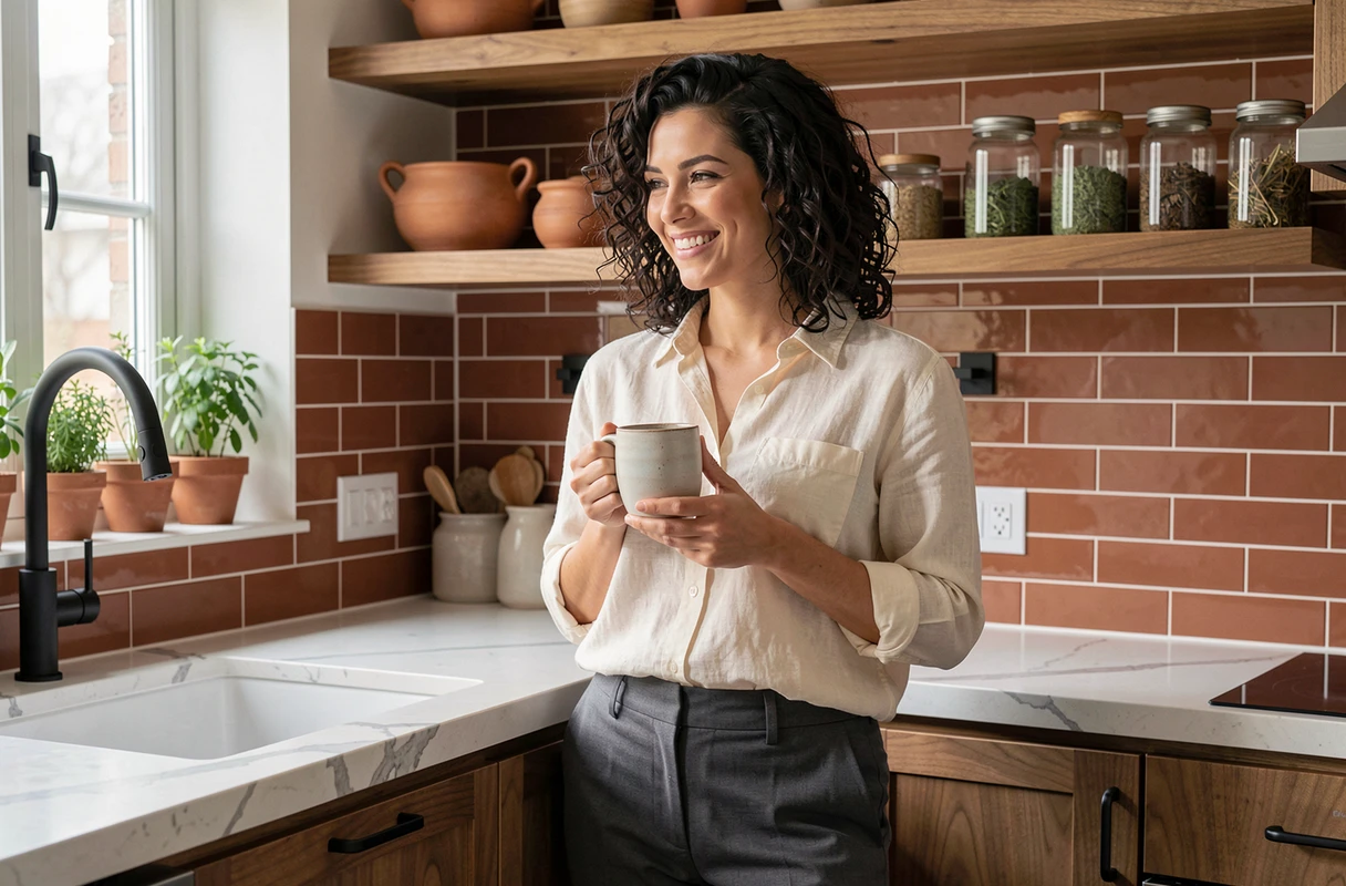 Femme souriante dans une cuisine rénovée avec carrelage terracotta, étagères en noyer et accessoires artisanaux pour une cuisine tendance