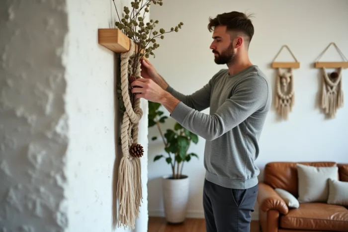 Homme décorant un mur avec une suspension macramé et éléments naturels dans un salon cosy