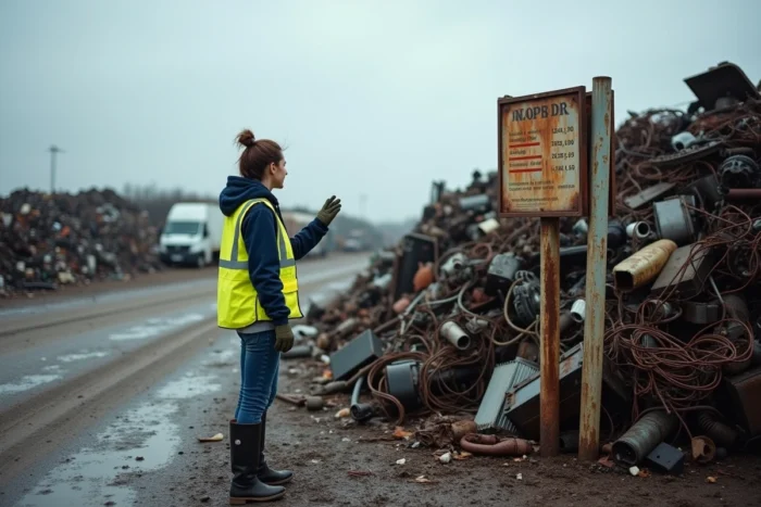Femme en gilet jaune dans une casse métallique extérieure avec radiateurs et pièces auto à recycler