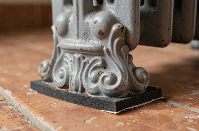 Gros plan sur un pied de radiateur en fonte posé sans perçage sur carrelage en terre cuite