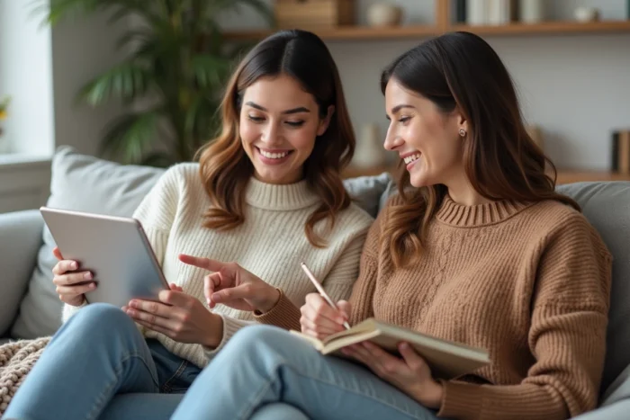 Deux amies comparant les meilleures offres Johanna Paris en ligne sur une tablette dans un salon moderne