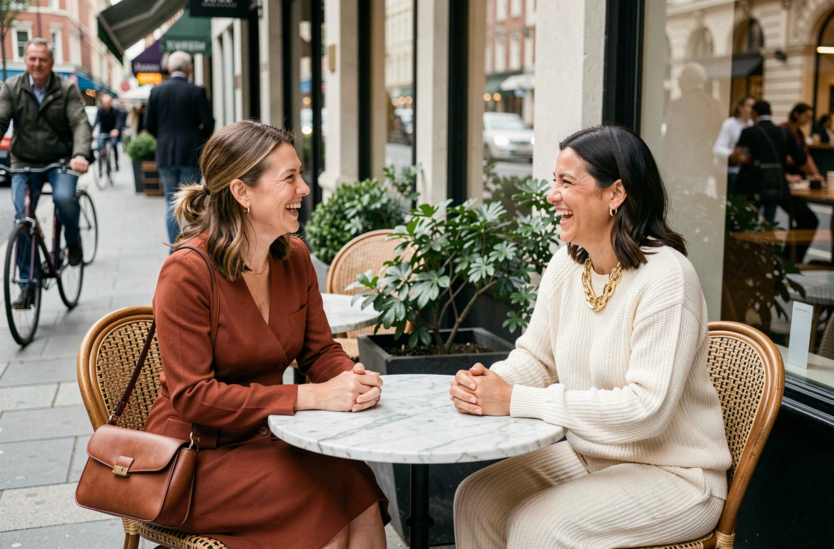 Deux femmes aux styles tendance contrastés attablées en terrasse de café dans une rue branchée