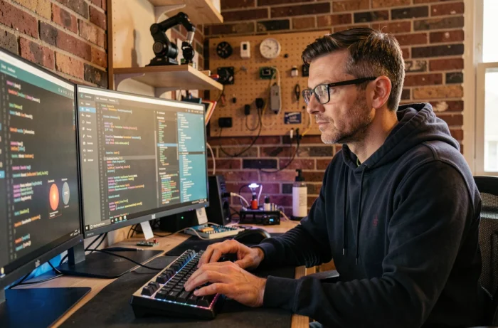 Un développeur informaticien travaillant sur des tableaux de bord d'intelligence artificielle dans un espace de travail à domicile