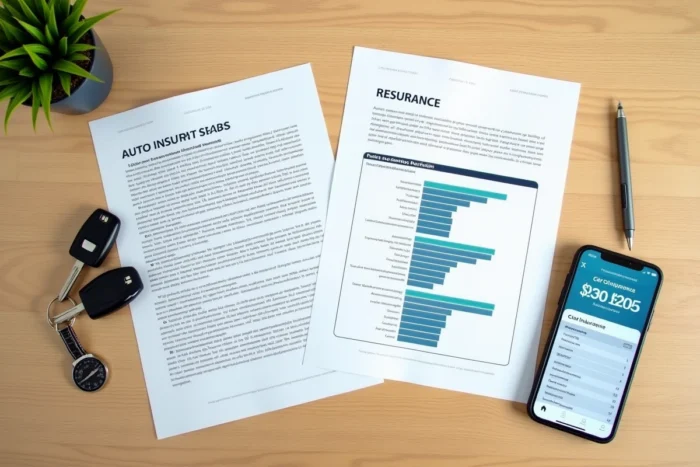 Documents d'assurance auto, clés de voiture et comparatif de prix sur bureau en bois vue de dessus