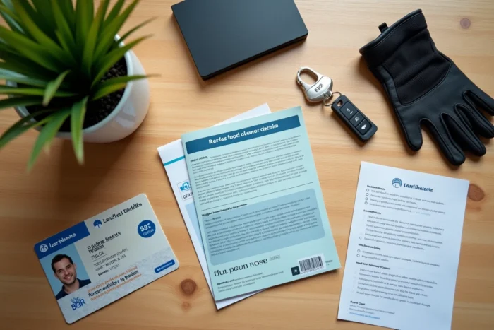 Vue à plat des documents nécessaires pour conduire un scooter en France : permis, attestation BSR, clé et checklist