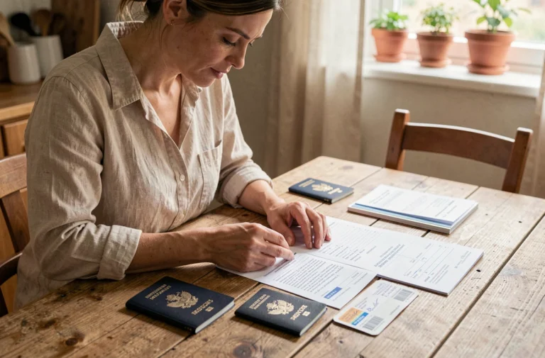 Mère vérifiant les documents de voyage d'un mineur sur une table en bois, avec passeports et autorisation de sortie du territoire