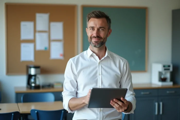 Enseignant consultant une tablette affichant une erreur de connexion sur le portail id ac Versailles dans une salle des professeurs