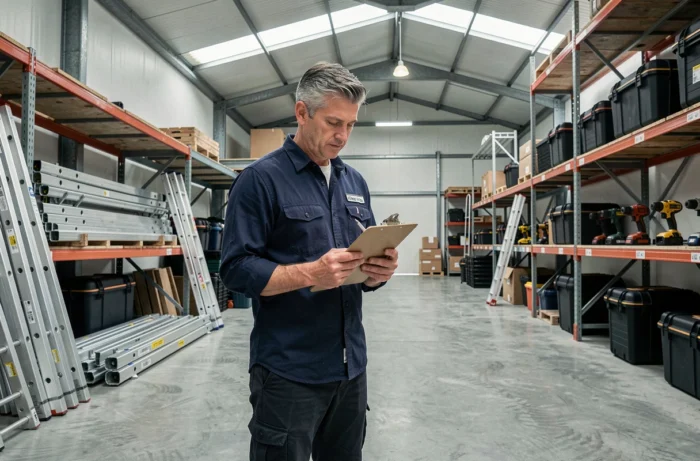 Entrepreneur gérant un entrepôt de location de matériel professionnel, tenant un inventaire pour sa micro-entreprise