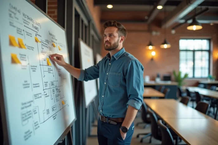 Entrepreneur masculin présentant une stratégie de business en ligne sur un tableau blanc dans un espace de coworking