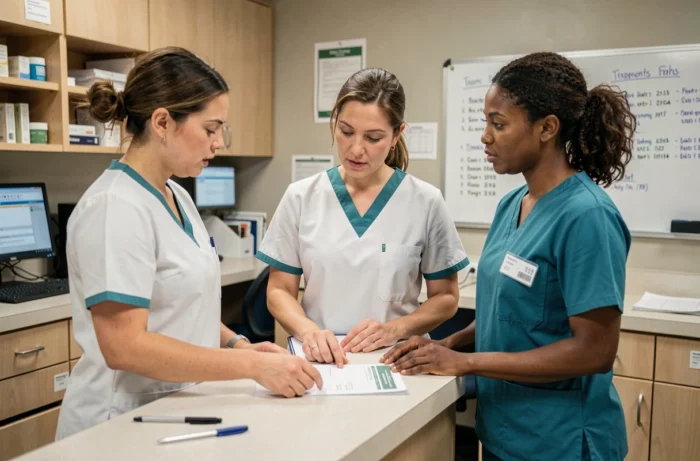 Équipe infirmière en réunion de concertation clinique autour d'un poste de soins, illustrant les bonnes pratiques du raisonnement clinique infirmier collectif