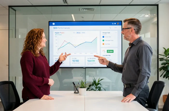 Deux spécialistes SEO discutant des indicateurs clés de performance lors d'une réunion de stratégie digitale