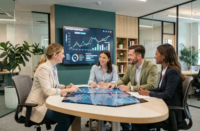 Une équipe de professionnels discutant des tendances technologiques autour d'une table de conférence connectée dans un laboratoire d'innovation