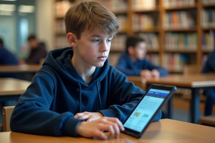 Adolescent consultant son espace élève en ligne sur une tablette dans une bibliothèque scolaire