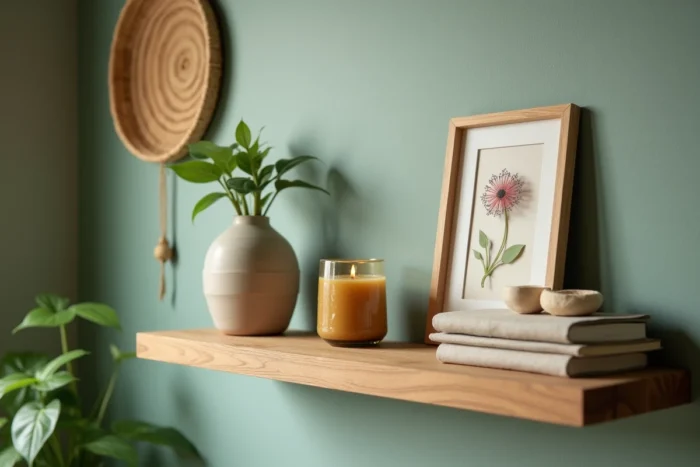 Étagère en chêne décorée d'objets faits main : bougie, céramique et cadre fleurs séchées sur mur vert sauge