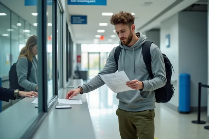 Étudiant en césure déposant des documents au guichet administratif de son université