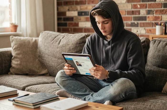 Étudiant assis sur un canapé utilisant une tablette pour gérer des téléchargements sur un site de partage de fichiers en ligne