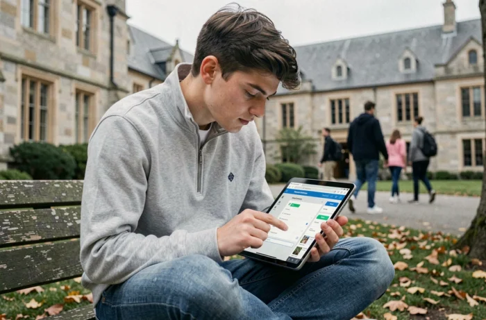 Étudiant consultant sa messagerie universitaire Zimbra sur tablette dans la cour du campus d'Angers en automne