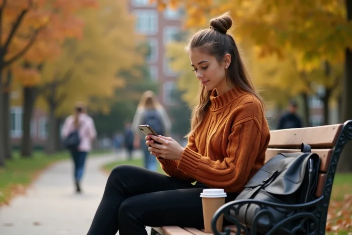 Étudiante en année de césure consultant le site de la CVEC sur son smartphone sur un campus universitaire