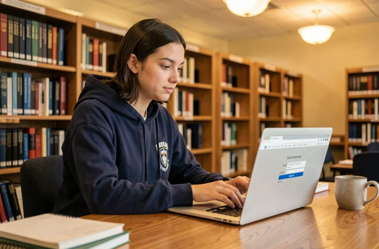 Étudiante de l'Université d'Angers se connectant à sa messagerie Zimbra sur un ordinateur portable en bibliothèque
