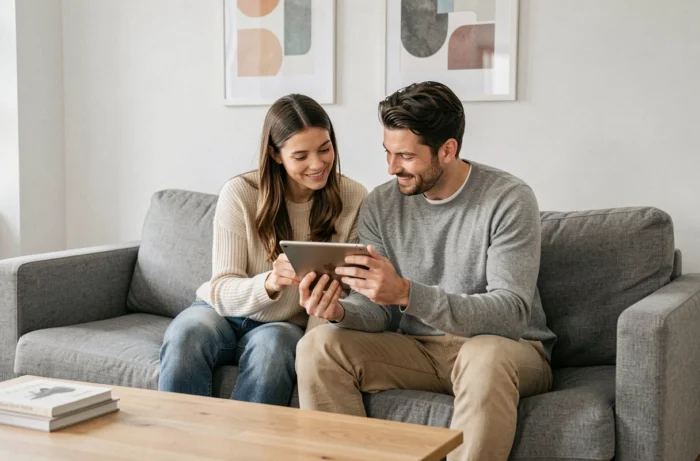 Deux personnes explorant ensemble les pages d'un site web sur une tablette dans un salon contemporain