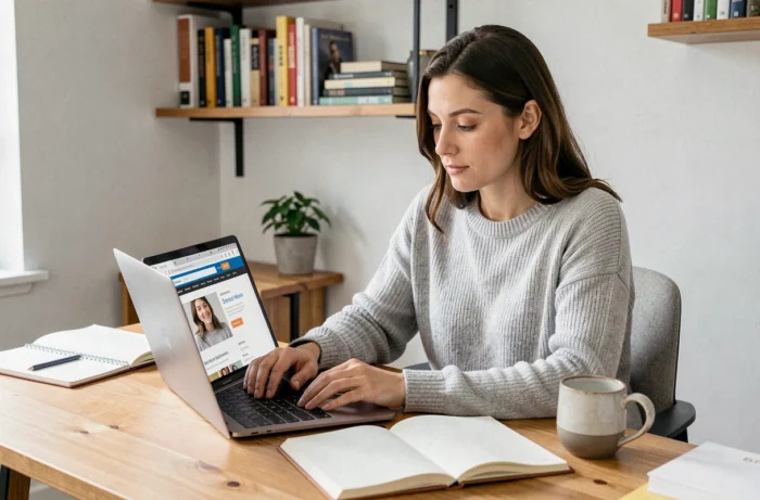 Femme explorant un site web sur son ordinateur portable dans un bureau à domicile cosy et organisé