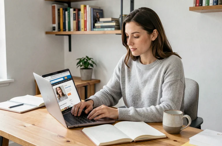 Femme explorant un site web sur son ordinateur portable dans un bureau à domicile cosy et organisé