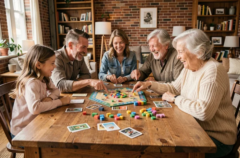 Famille multigénérationnelle jouant à des jeux de société ensemble autour d'une grande table en bois dans un salon chaleureux