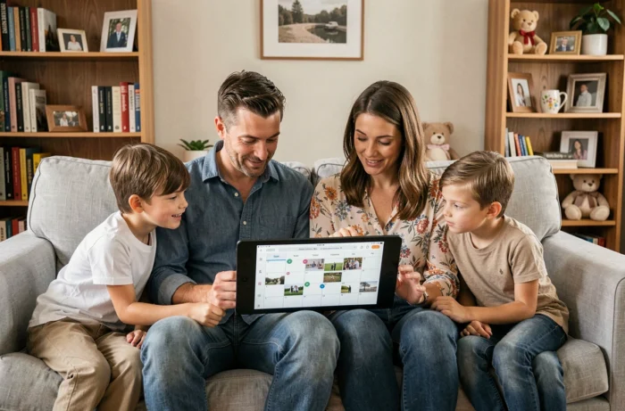 Famille réunie autour d'une tablette utilisant l'application Family Wall pour organiser leur calendrier partagé