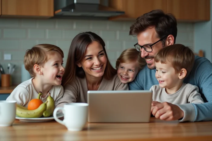 Famille réunie autour d'une tablette dans une cuisine moderne pour consulter des contenus familiaux en ligne