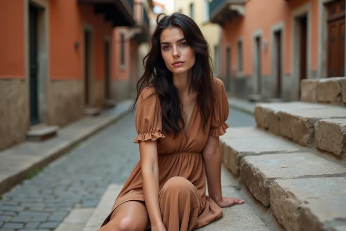 Jeune femme albanaise assise sur des marches en pierre dans une place historique des Balkans, ambiance culturelle et authentique