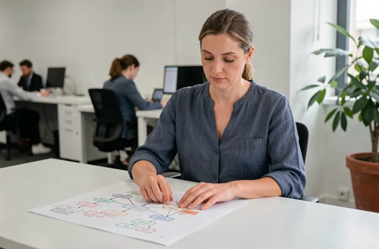 Femme analysant un plan de site imprimé sur un bureau de bureau moderne, illustrant l'organisation de la navigation web