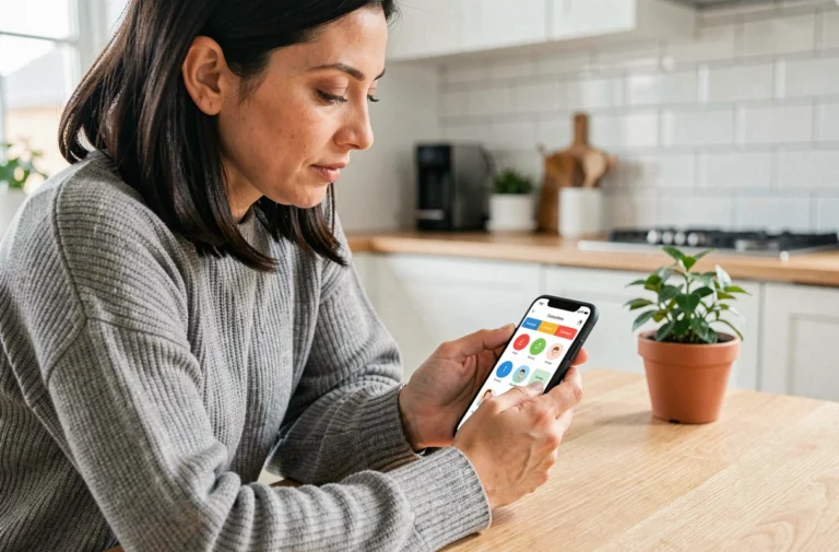 Femme utilisant l'application Family Wall sur smartphone dans une cuisine moderne en 2025
