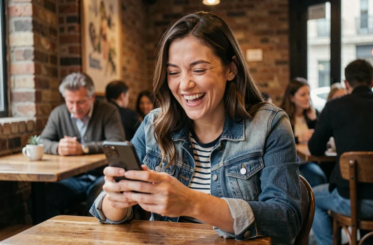 Femme souriante regardant son téléphone sur une application de rencontre dans un café parisien