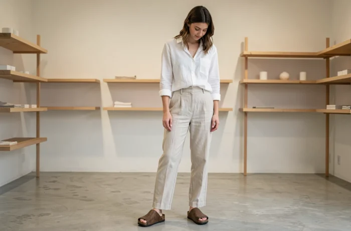 Femme portant des sabots Birkenstock Boston avec un pantalon en lin dans une boutique minimaliste au style scandinave
