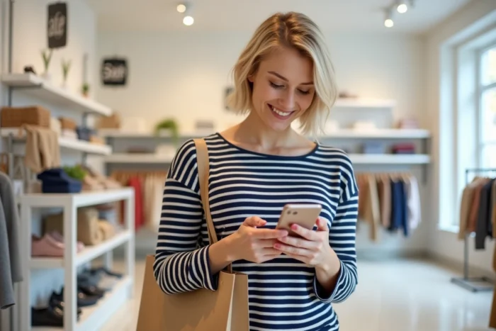 Femme consultant son téléphone dans une boutique parisienne pendant les soldes Johanna Paris
