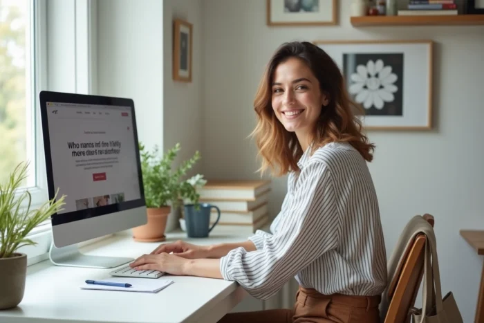Jeune femme consultant le site happymaman.fr depuis son bureau à domicile avec un carnet de notes ouvert