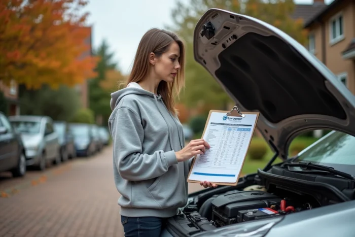 Femme comparant les caractéristiques d'une batterie Eurorepar devant le capot ouvert de sa voiture dans une allée résidentielle