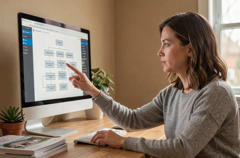 Femme consultant un plan de site immobilier sur un écran d'ordinateur dans un bureau à domicile