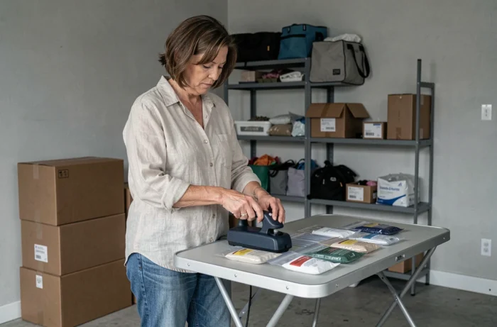 Femme utilisant une machine à sceller pour emballer des échantillons de produits dans une pièce dédiée à domicile