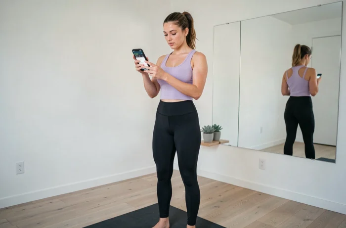 Jeune femme dans un espace fitness à domicile vérifiant les statistiques de pas sur une application mobile gratuite