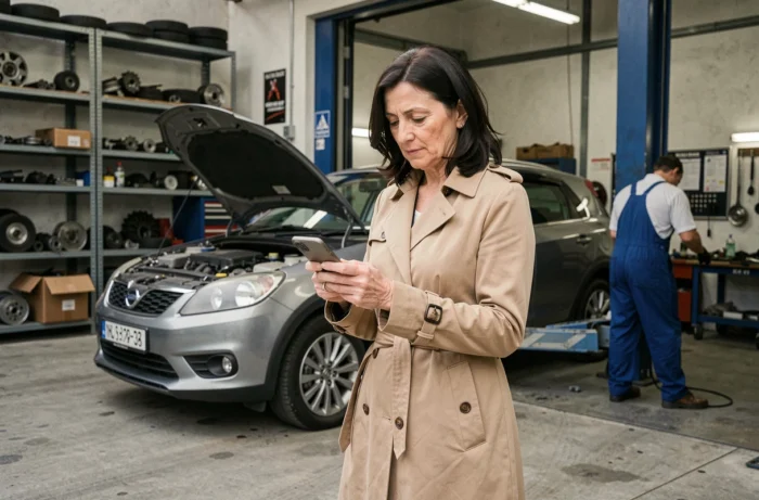 Femme consultant son téléphone devant un garage après un voyant d'alerte allumé sur sa voiture