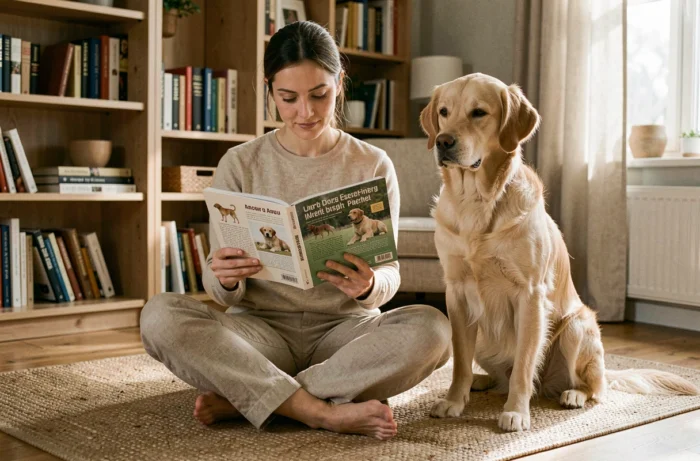 Femme lisant un guide d'éducation canine avec son golden retriever attentif à ses côtés dans un salon chaleureux