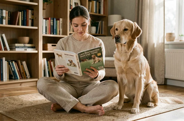 Femme lisant un guide d'éducation canine avec son golden retriever attentif à ses côtés dans un salon chaleureux