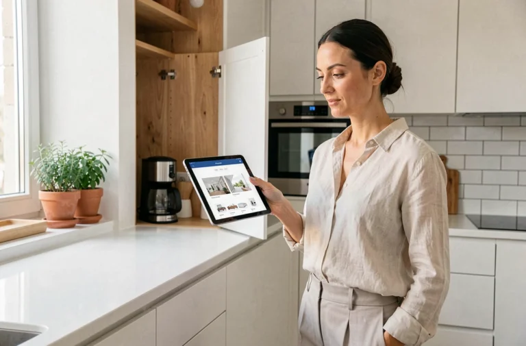 Femme consultant un guide d'équipements pour maison moderne dans une cuisine épurée au design scandinave