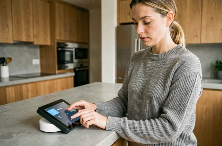 Femme interagissant avec un hub domotique dans une cuisine moderne connectée