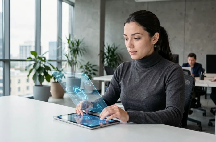 Femme professionnelle interagissant avec une interface numérique tactile dans un bureau technologique moderne