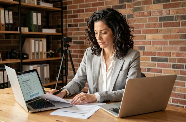 Femme auto-entrepreneuse étudiant des documents juridiques pour choisir le statut de sa micro-entreprise de location de matériel