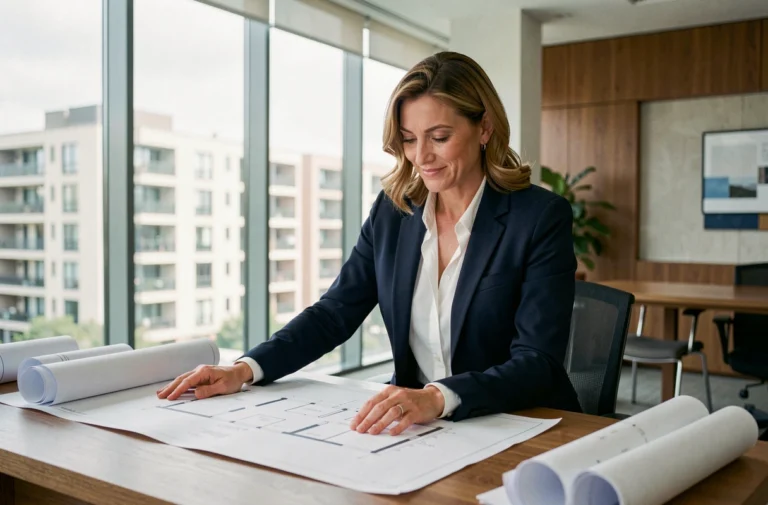 Femme professionnelle de l'immobilier analysant des plans d'architecture dans un bureau moderne avec vue sur la ville pour un investissement immobilier