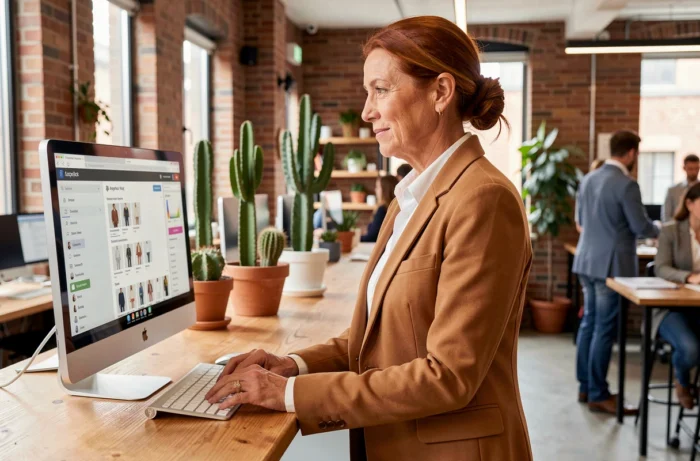 Femme professionnelle consultant le plan du site modeforyou.fr sur un écran d'ordinateur dans un espace de coworking