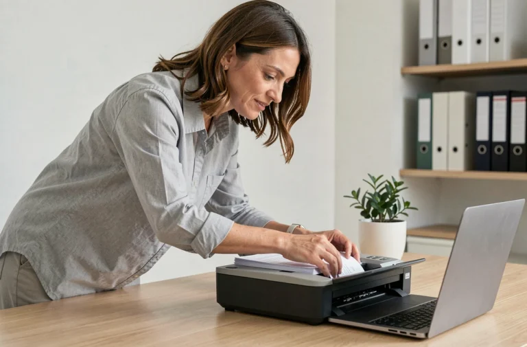 Femme utilisant un scanner de documents connecté à un ordinateur portable dans un bureau moderne et organisé